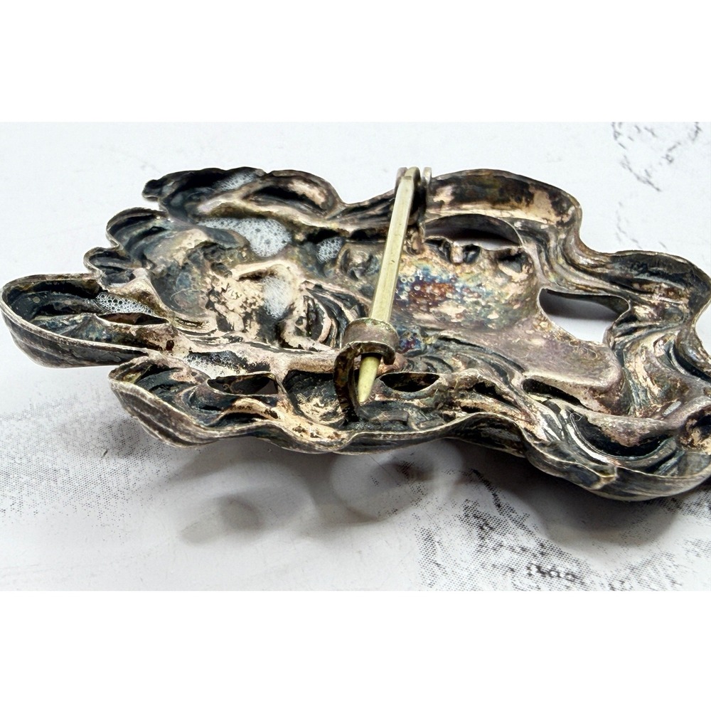 Vintage Figural Woman Face Brooch Bird Hair Art Nouveau Style Sculptural 2.5" - Picture 5 of 6